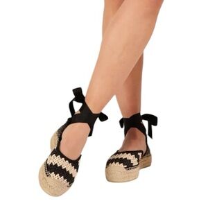 KMB New Myla Espadrilles Ankle Tie Platform Sandals Straw Raffia Black Cream 7.5